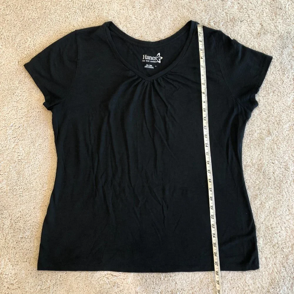 Hanes Live Love Comfort Black Striated V-neck Cap Short-Sleeve Women's Tee Top - Picture 7 of 8